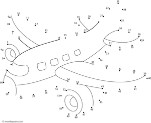 Educational activity featuring a cartoon aeroplane for children to connect dots and color.