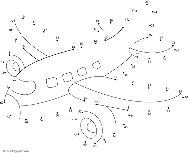 Educational activity featuring a cartoon aeroplane for children to connect dots and color.