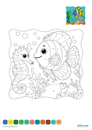 Underwater color by number PDF featuring an angelfish and seahorse, free to download—includes numbered sections for vibrant fins, delicate features, and ocean surroundings for creative marine learning.
