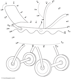 Dot-to-dot worksheet of a cartoon baby carriage with wheels for children to connect and color.