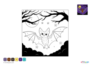 A bat flying through a starry night sky with a glowing moon, illustrated in a color-by-number style. This free downloadable PDF offers a creative coloring activity that helps kids explore nocturnal animals while learning numbers.


