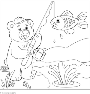 Bear Fishing in a River Coloring Page 