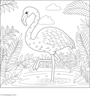 Flamingo in a Fern Garden Coloring Page