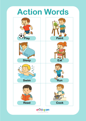 Educational printable action words chart with labeled images of verbs like run, jump, read, and play, designed for young learners.