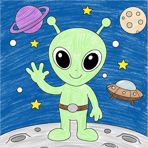 How to draw an alien step-by-step for kids in an easy space character drawing tutorial using simple shapes and lines.