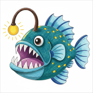 Step-by-step anglerfish drawing tutorial for kids showing how to draw an anglerfish with simple shapes and easy lines.