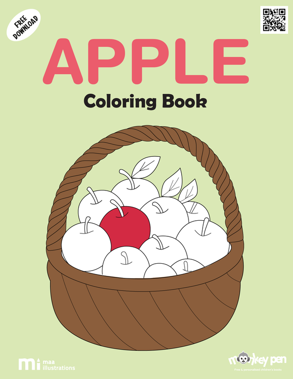 Apple Coloring Book for children with images of apples on trees, baskets, and leaves, suitable for educational and creative use.