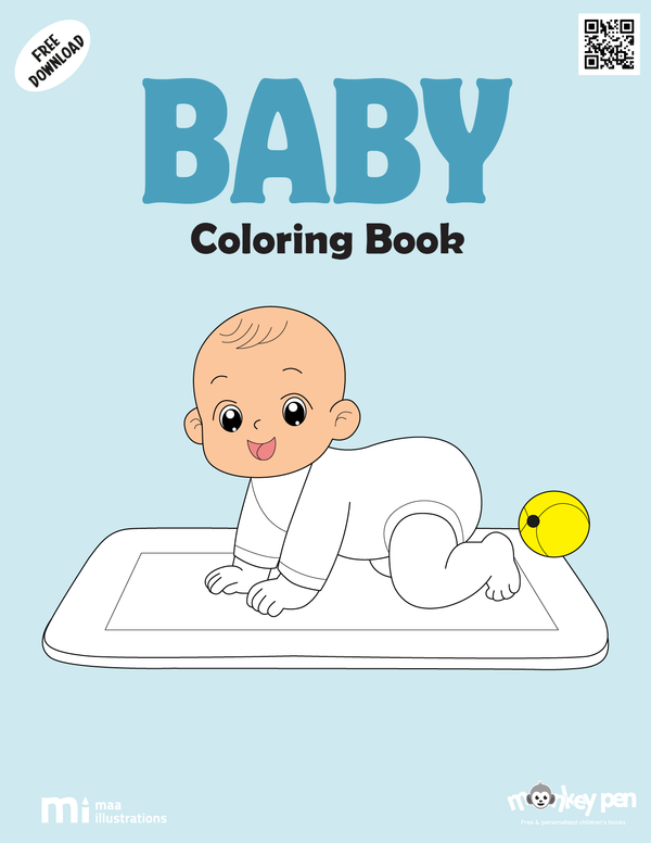 Baby Coloring Book for kids showing cute babies sleeping, crawling, and playing with toys, ideal for young children.