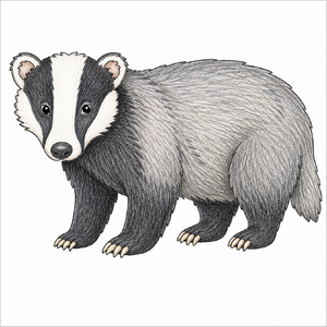 Step-by-step badger drawing with fur and paw details.