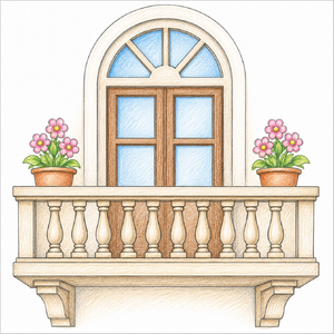 Step-by-step balcony drawing tutorial for kids showing how to draw a house balcony with simple shapes and easy lines.