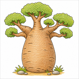 Step-by-step baobab tree drawing tutorial for kids showing how to draw a baobab tree with a thick trunk, spreading branches, and simple shapes.