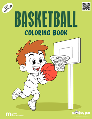 Free printable basketball colouring page for kids depicting a player dribbling and shooting, ideal for educational and recreational purposes.