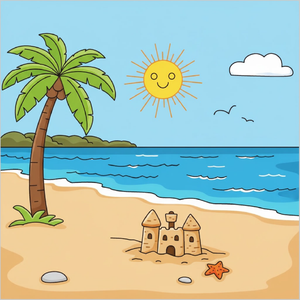 How to draw a beach scene step by step for kids, easy seaside landscape drawing tutorial, simple summer beach sketch guide