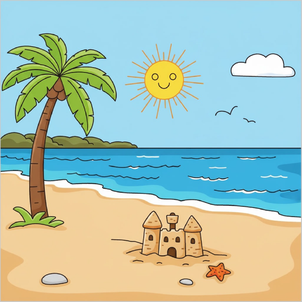 How to draw a beach scene step by step for kids, easy seaside landscape drawing tutorial, simple summer beach sketch guide