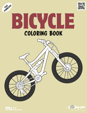 Free printable bicycle colouring page for kids showing a child riding a bike with a basket, encouraging active transportation and outdoor play.