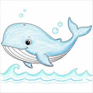 How to draw a blue whale step-by-step for kids in an easy ocean animal drawing tutorial using simple shapes and lines.