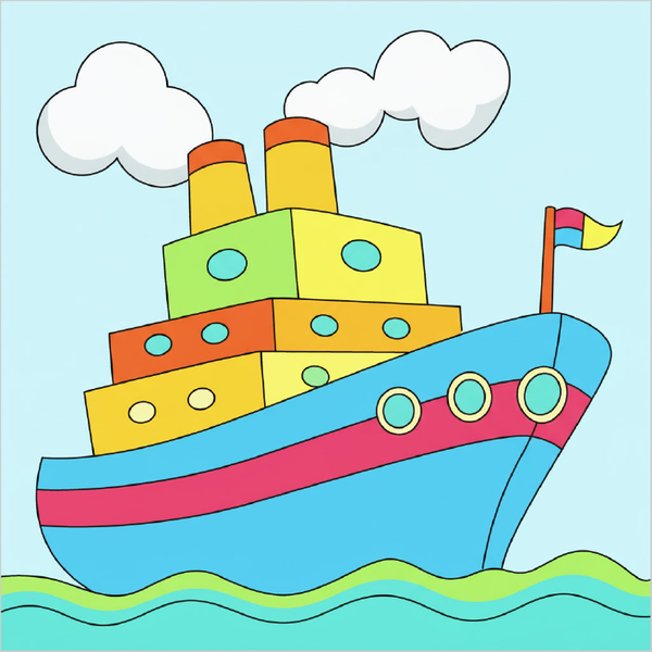 How to draw a boat step by step for kids, easy simple boat drawing tutorial, printable worksheet style beginner sketch guide