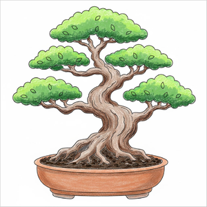 Step-by-step bonsai tree drawing tutorial for kids showing how to draw a bonsai tree with simple shapes and easy lines.