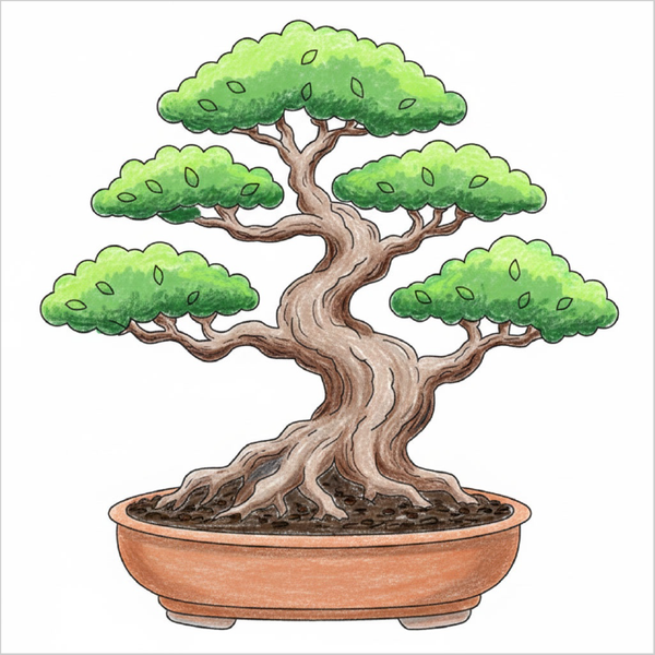 Step-by-step bonsai tree drawing tutorial for kids showing how to draw a bonsai tree with simple shapes and easy lines.