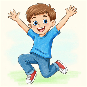 Boy jumping drawing showing energetic movement and smiling face.