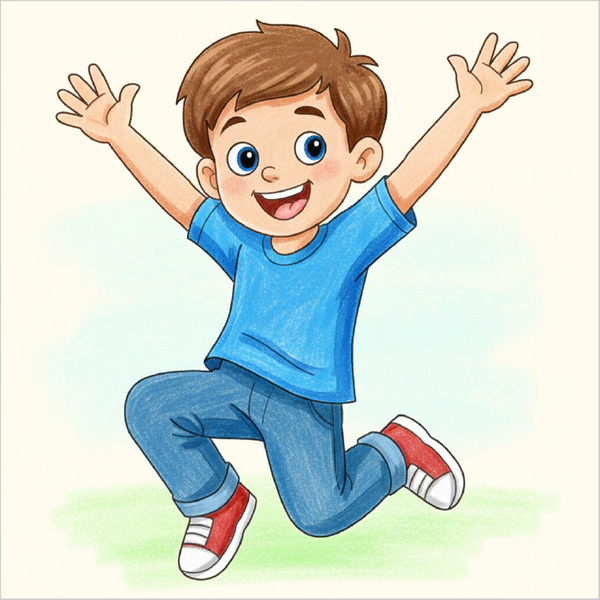 Boy jumping drawing showing energetic movement and smiling face.