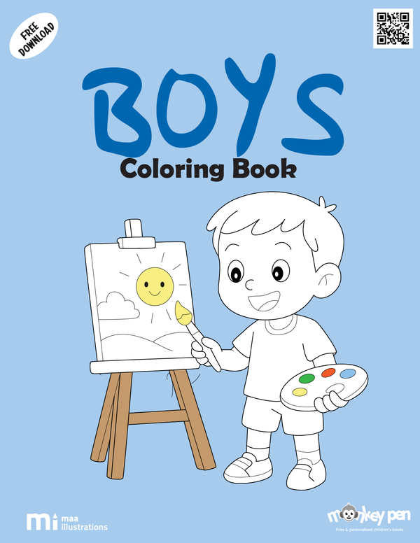 Boys Coloring Book for kids with scenes of outdoor play, sports, and exploration, encouraging creativity and active imagination.