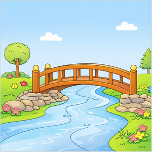 How to draw a bridge landscape step by step for kids, easy scenery drawing tutorial, simple nature sketch guide for beginners