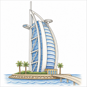 Step-by-step Burj Al Arab drawing tutorial for kids showing how to draw the Burj Al Arab with simple shapes and easy lines.