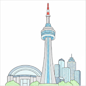 Step-by-step CN Tower drawing tutorial for kids showing how to draw the CN Tower with simple shapes and easy lines.