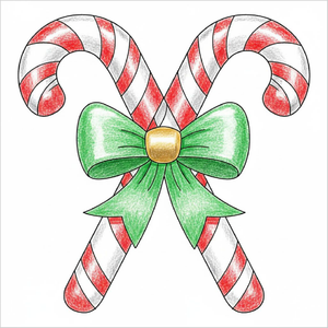 Step-by-step candy cane drawing with holiday stripe details.