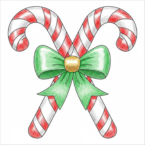 How to draw a candy cane easily for kids using basic curved shapes and festive details.