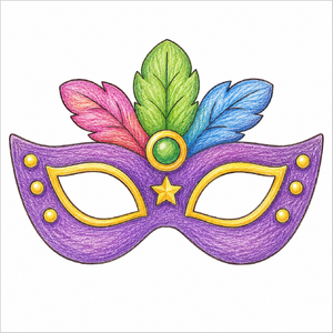 Step-by-step carnival mask drawing tutorial for kids showing how to draw a carnival mask with simple shapes and easy lines.