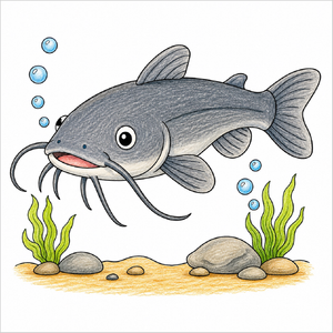 Step-by-step catfish drawing tutorial for kids showing how to draw a catfish with simple shapes, whisker-like barbels, fins, and a detailed tail.
