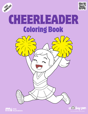 Free printable cheerleaders colouring page for kids illustrating a cheerleader with pom-poms jumping, suitable for school and recreational use.