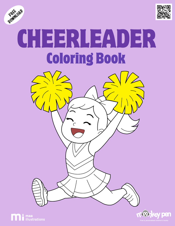 Free printable cheerleaders colouring page for kids illustrating a cheerleader with pom-poms jumping, suitable for school and recreational use.