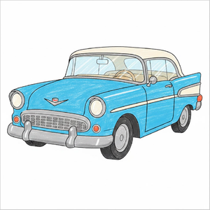 Step-by-step classic car drawing tutorial for kids showing how to draw a classic car with simple shapes and easy lines.