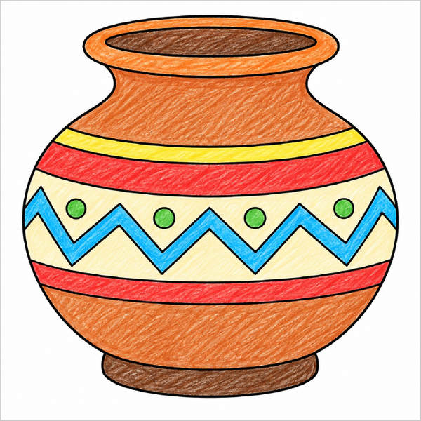 How to draw a clay pot step-by-step with easy drawing instructions for kids, showing the final clay pot drawing.