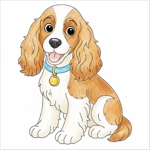 Step-by-step Cocker Spaniel drawing tutorial for kids showing how to draw a Cocker Spaniel dog with simple shapes and easy lines.