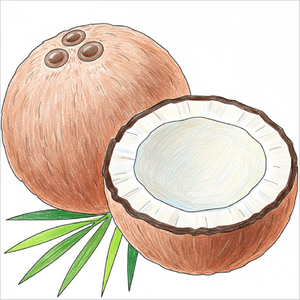How to draw a coconut step-by-step for kids in a simple tropical fruit drawing tutorial using basic shapes and lines.
