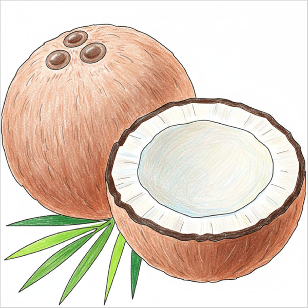 How to draw a coconut step-by-step for kids in a simple tropical fruit drawing tutorial using basic shapes and lines.