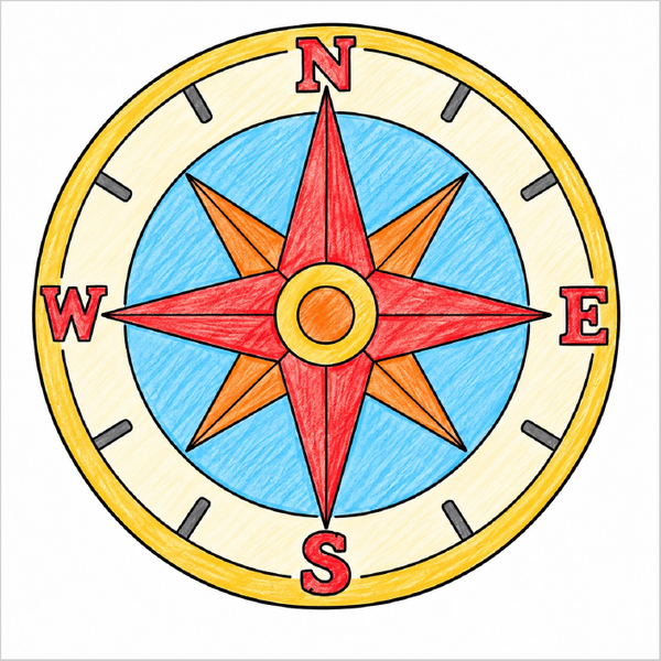 How to draw a compass rose step-by-step with easy drawing instructions for kids, showing the final compass rose drawing.