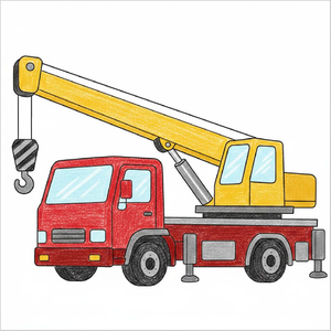 Colouring page style crane truck drawing with detailed lifting arm.