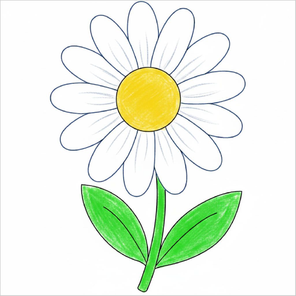 How to draw a daisy step-by-step for kids in an easy flower drawing tutorial using simple shapes and lines.
