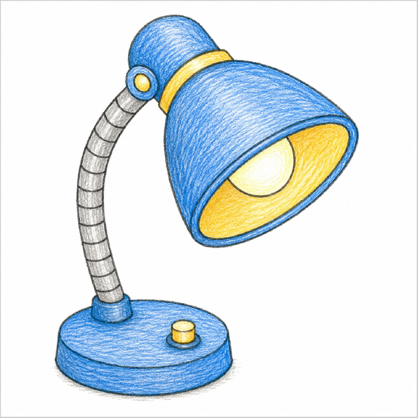 Step-by-step desk lamp drawing tutorial for kids showing how to draw a desk lamp with simple shapes and easy lines.