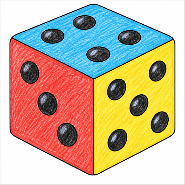 How to draw dice step-by-step with easy drawing instructions for kids, showing the final dice drawing.