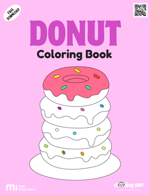 Donut coloring book for kids featuring frosted donuts with sprinkles and icing, a sweet bakery-themed PDF activity.
