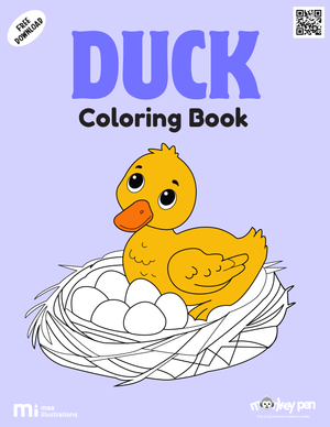 Duck coloring book for kids featuring ducks swimming in ponds and farm scenes, a cheerful nature-themed PDF activity.
