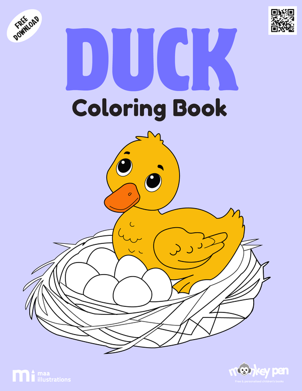 Duck coloring book for kids featuring ducks swimming in ponds and farm scenes, a cheerful nature-themed PDF activity.
