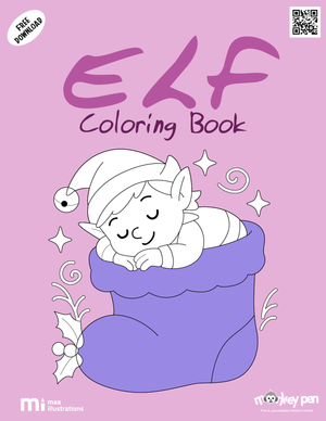 Free printable elf colouring page for kids depicting a cheerful elf with a hat and gift, perfect for holiday celebrations and creative projects.