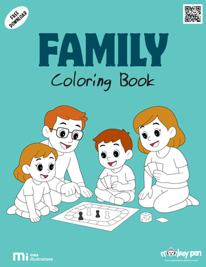 Free printable family colouring page for kids showing parents and children enjoying time together, highlighting love and family connection.